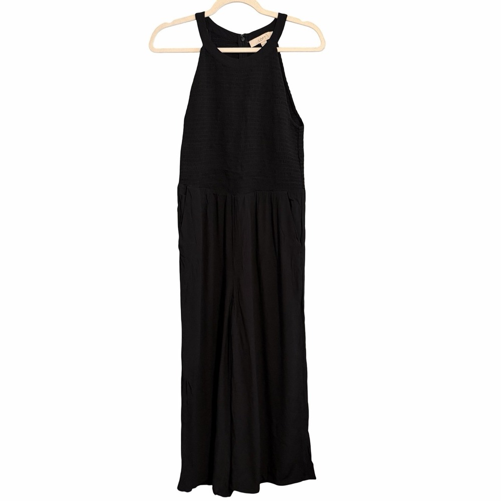 Loft black smocked halter jumpsuit wide-legs And Pockets. Size 8P